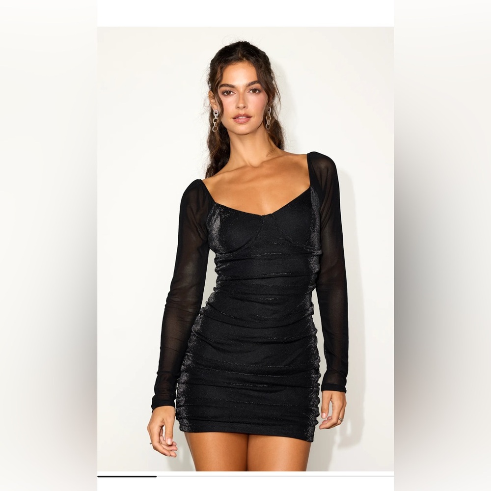 Lulus Tempting Sparkle Shiny Black Mesh Ruched Long Sleeve Mini Dress